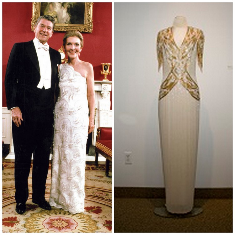 Celebrity Fashion Sightings May9 20165 — image courtesy of smithsonian.com. Yolanda Cellucci gown from the Yolanda Boutique in the style of Arnold Scasi's inaugural gown courtesy of Lasell College
