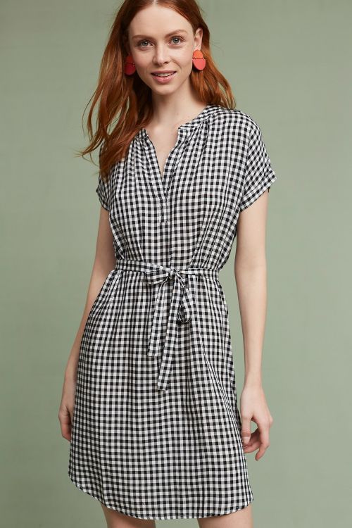 Velvet by Graham Spencer Belted Gingham Tunic Dress Black White Anthropologie