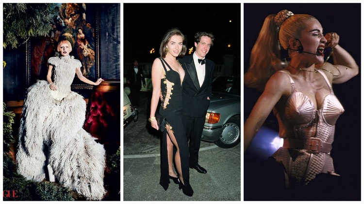 Social media influencers versus celebrities — image courtesy of vogue.com, Elizabeth Hurley in Versace image courtesy of vogue.com, and Madonna in Jean-Paul Gaultier image courtesy of glamour.com