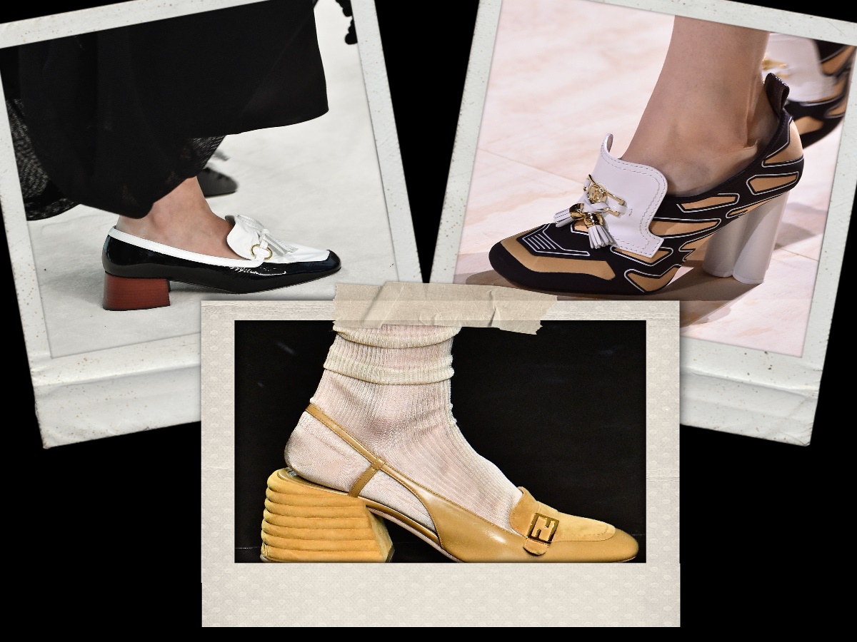Spring 2020 Womens Footwear Loafers — image courtesy of Getty Images, Louis Vuitton image courtesy of Peter White, and Fendi image courtesy of Victor Virgile, respectively