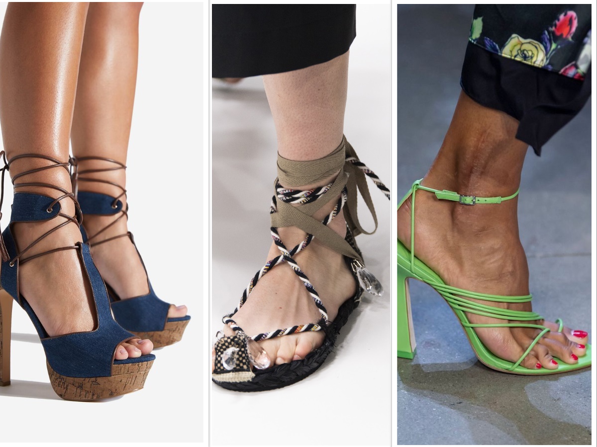Spring 2020 Womens Footwear Straps — image courtesy of Shoe Dazzle, JW Anderson image courtesy of vogue.com, and Prabal Gurung image courtesy of vogue.com, respectively