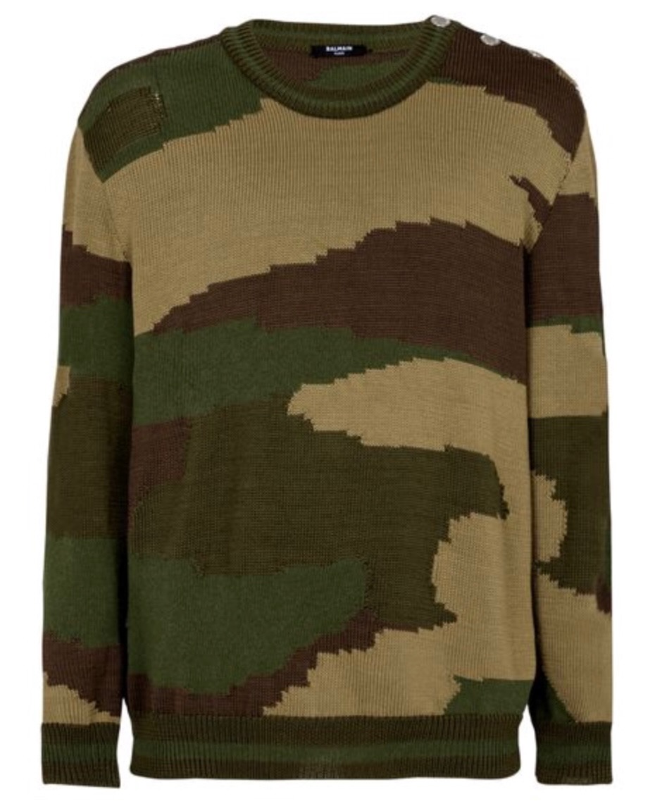 Balmain Camouflage millitary detail sweater courtesy of 24s.com