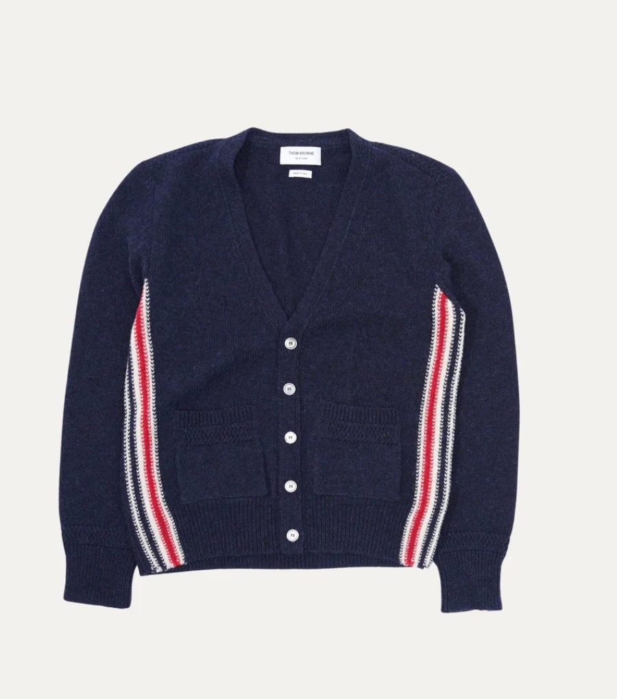 Thom Browne Striped Wool Cardigan Sweater courtesy of justinreed.com