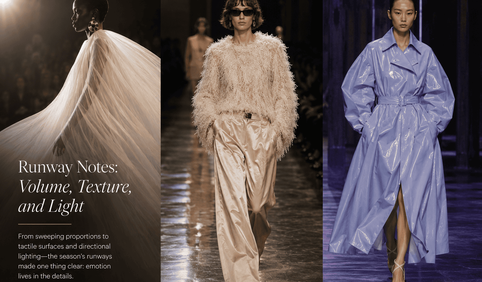 Elegant runway models showcasing high-fashion designs with textured fabrics and flowing silhouettes.