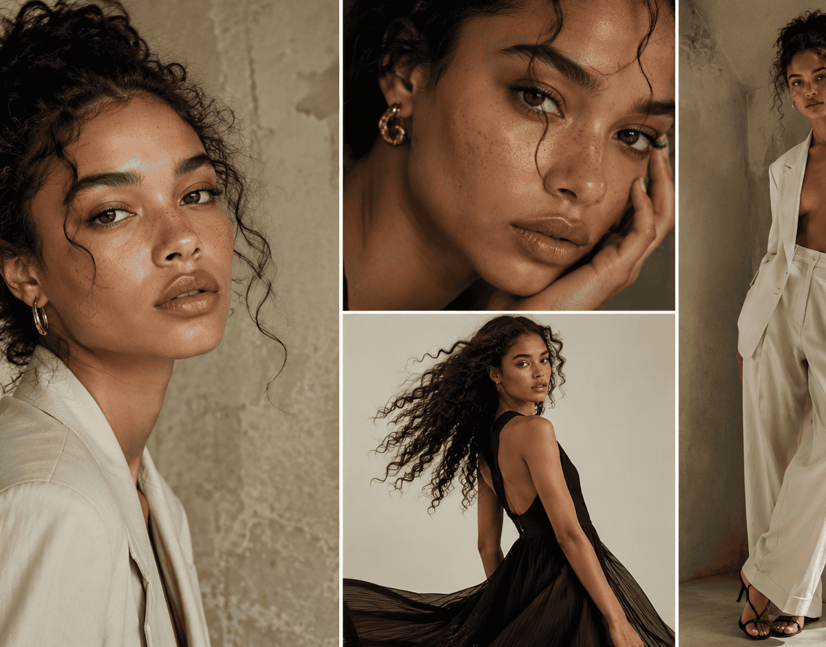 The image features a stylish woman with curly hair, wearing beige and white outfits, emphasizing contemporary fashion and natural elegance.