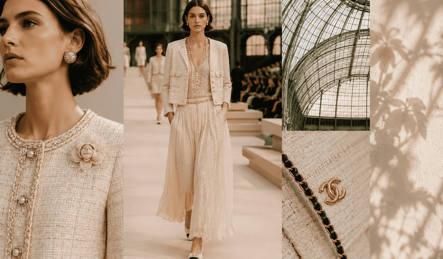 Elegant beige tweed suit with floral brooch, perfect for sophisticated fashion looks.