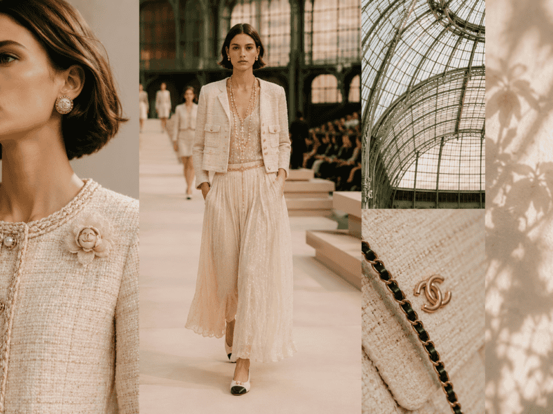 Elegant beige tweed suit with floral brooch, perfect for sophisticated fashion looks.