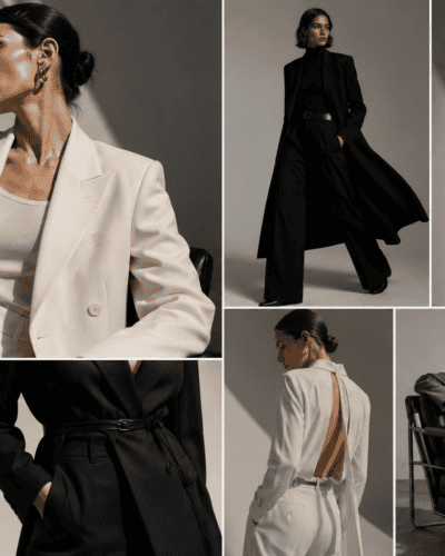 Elegant black and white women's fashion outfits for modern professional style.