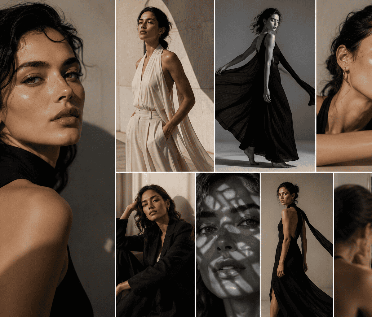 A series of images featuring a woman in black and beige fashion outfits, highlighting contemporary style, beauty, and elegance in a professional photoshoot.