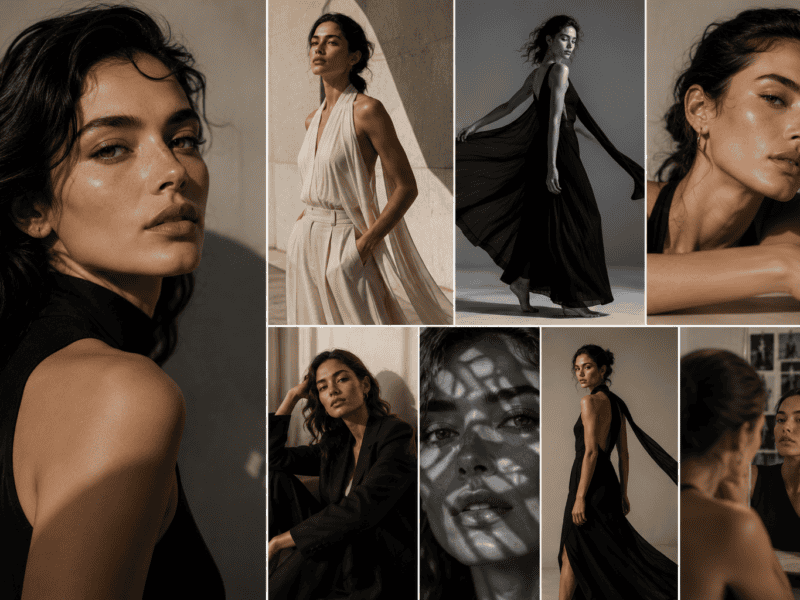 A series of images featuring a woman in black and beige fashion outfits, highlighting contemporary style, beauty, and elegance in a professional photoshoot.
