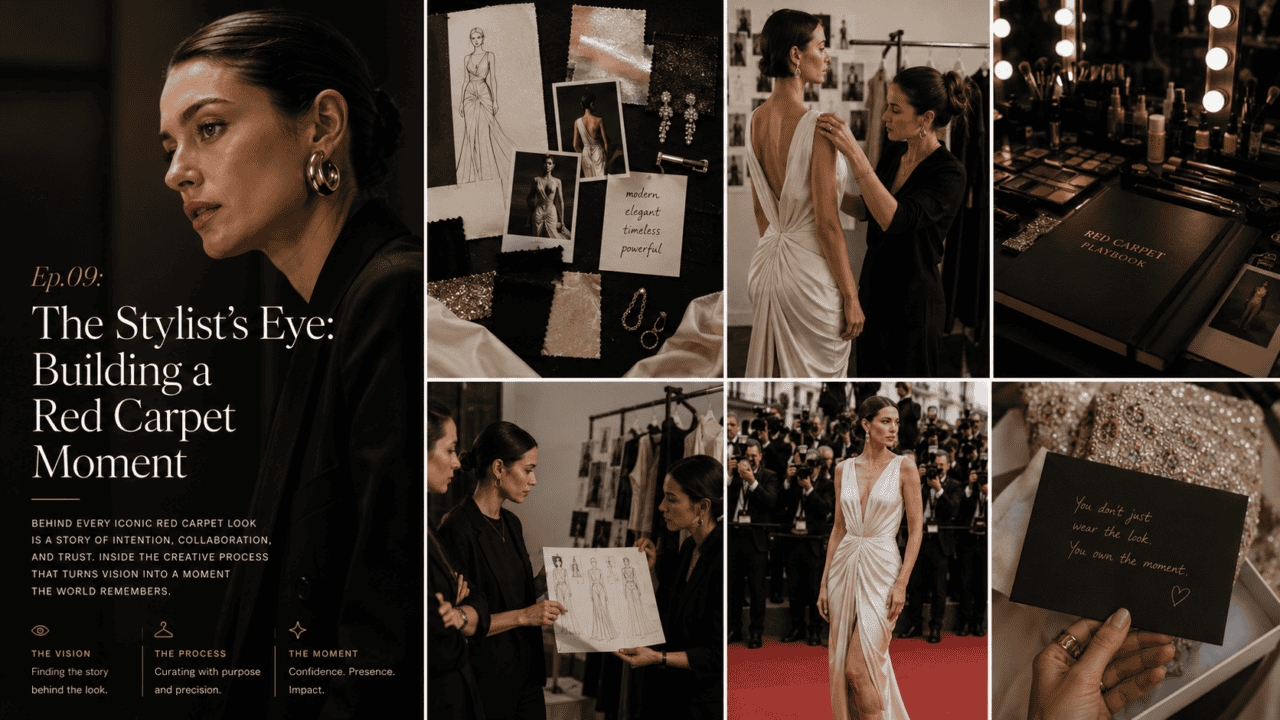 The image showcases a fashion stylist working on red carpet outfits, accessories, and behind-the-scenes preparations for glamorous events.