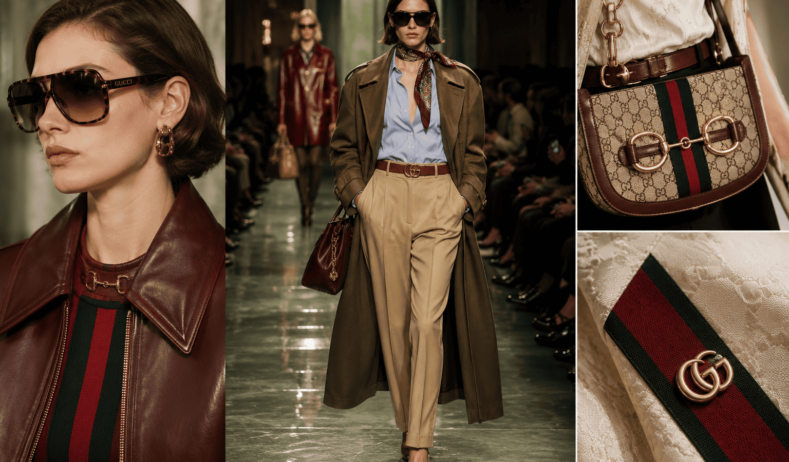 A woman wearing oversized sunglasses, a leather jacket, and stylish accessories on a runway.