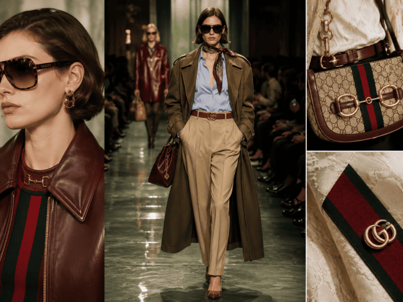 A woman wearing oversized sunglasses, a leather jacket, and stylish accessories on a runway.