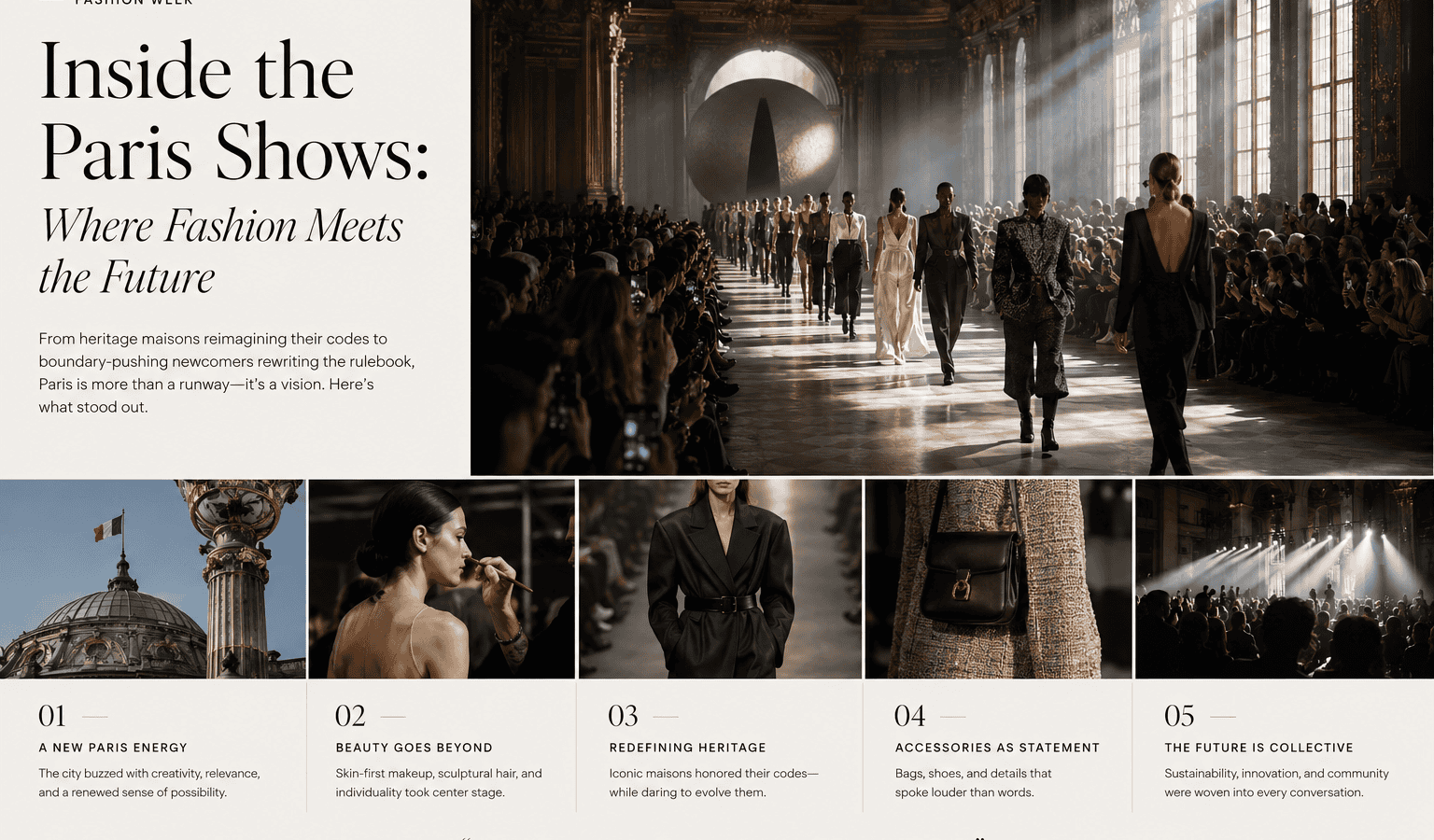 Elegant models walk the runway at Paris Fashion Week in historic venue.