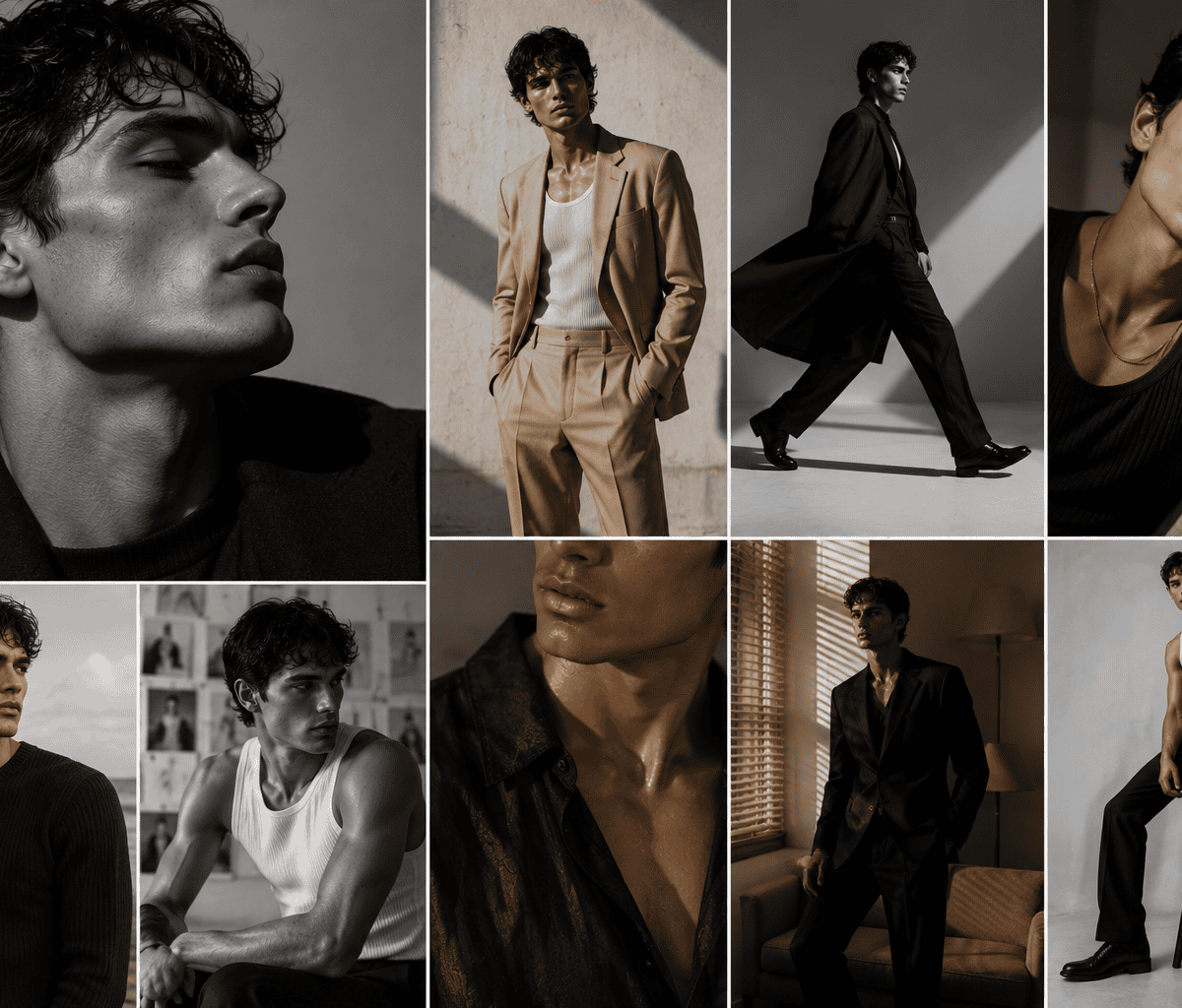 A collection of black and white images featuring male models in trendy outfits, highlighting contemporary fashion and confident attitude.