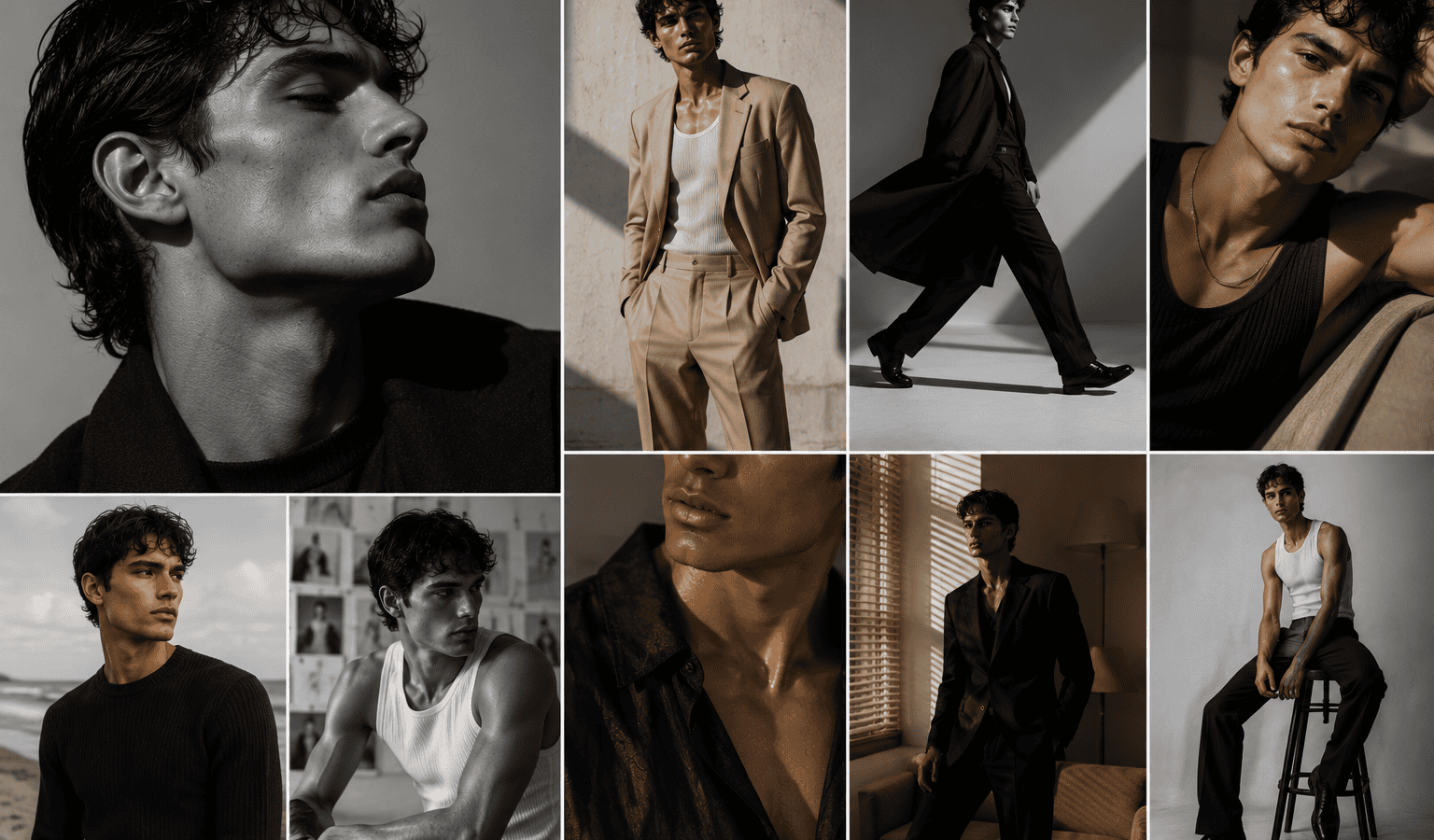 A collection of black and white images featuring male models in trendy outfits, highlighting contemporary fashion and confident attitude.