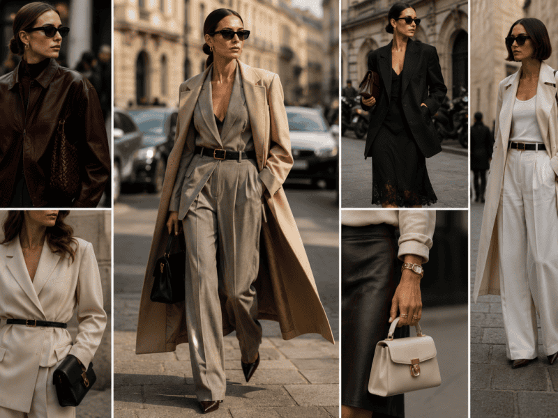 Elegant women in stylish business and casual outfits on city streets, showcasing fashion trends and.