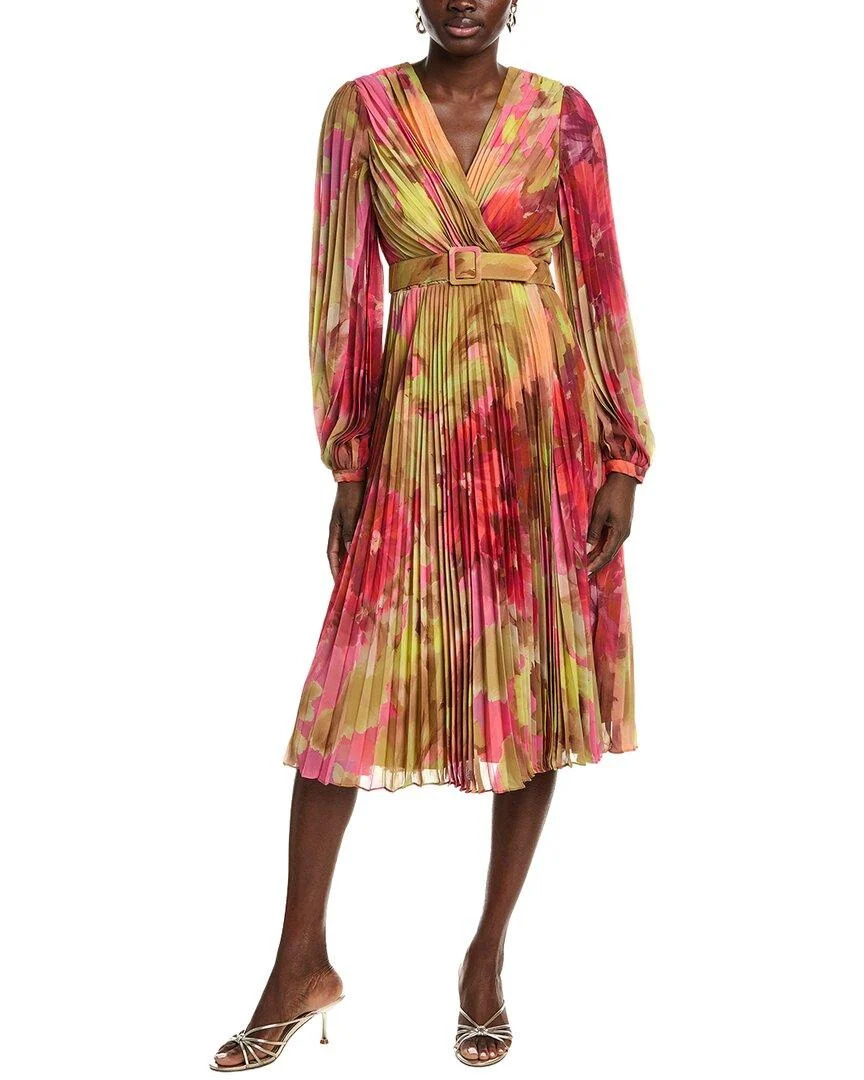 badgley mischka Pink Pleated Floral Wrap Cocktail Dress