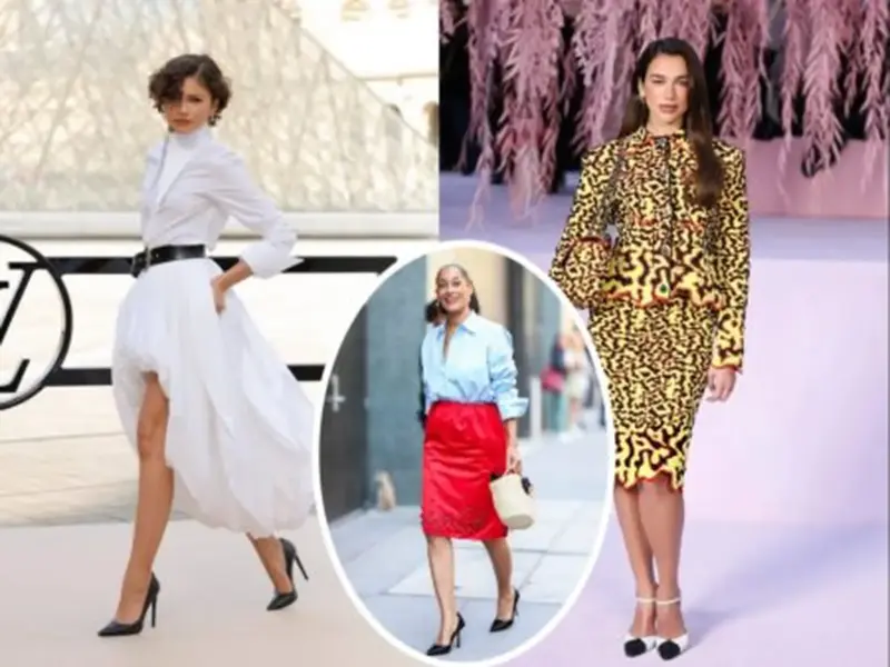 Fashion collage showing three women in a white dress, a blue shirt with red skirt, and a patterned dress