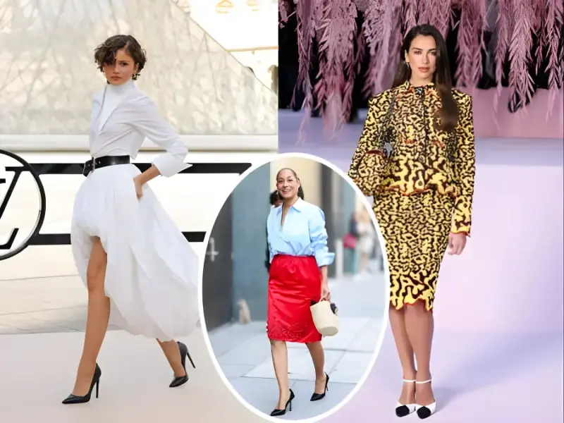 Fashion collage showing three women in a white dress, a blue shirt with red skirt, and a patterned dress