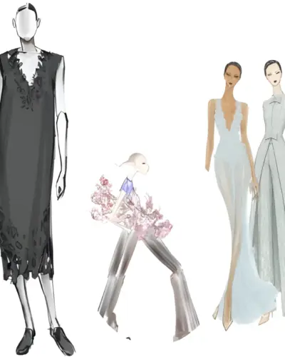 Four fashion illustrations preview Spring 2027 looks, including a black dress, a floral-accented outfit, and two pale evening ensembles.