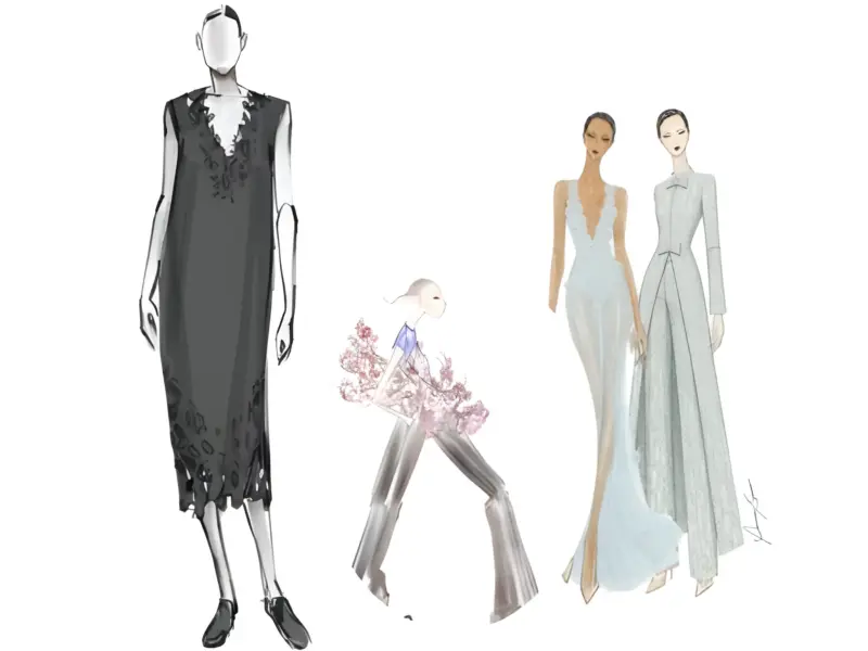 Four fashion illustrations preview Spring 2027 looks, including a black dress, a floral-accented outfit, and two pale evening ensembles.